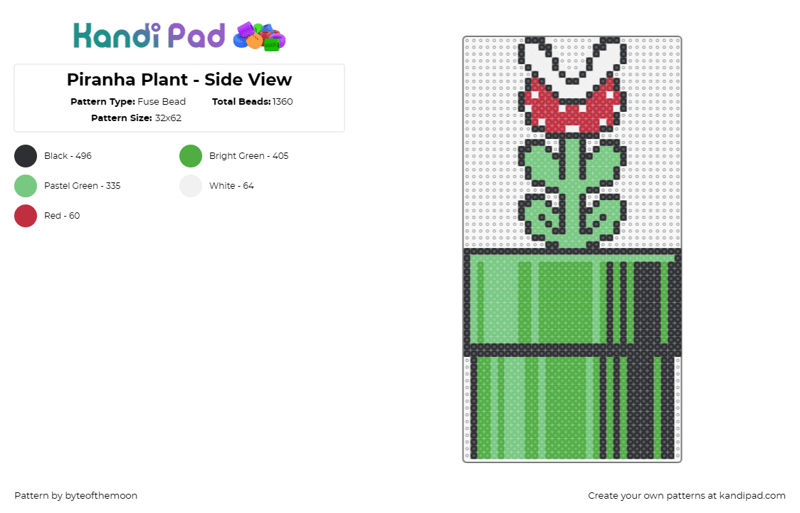 Piranha Plant - Side View - Fuse Bead Pattern by byteofthemoon on Kandi Pad - piranha plant,pipe,mario,nintendo,video game,classic,green,red