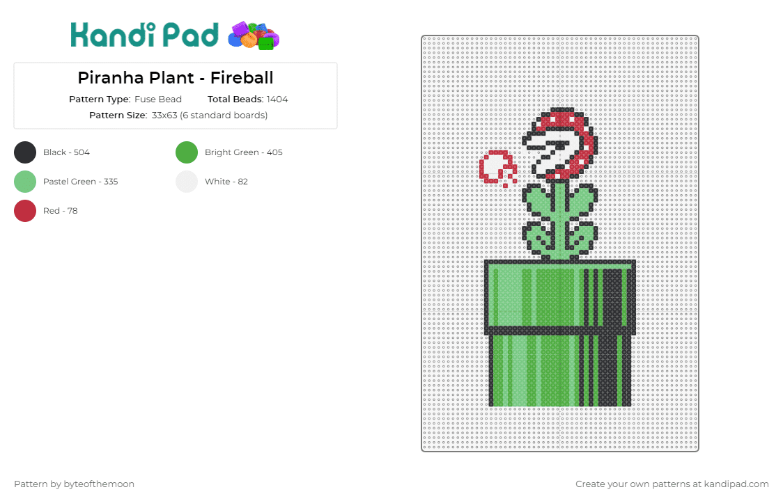 Piranha Plant - Fireball - Fuse Bead Pattern by byteofthemoon on Kandi Pad - piranha plant,pipe,mario,nintendo,video game,classic,green,red