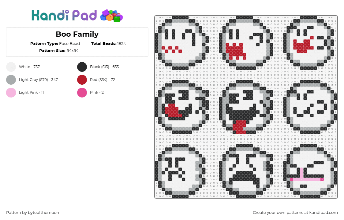 Boo Family - Fuse Bead Pattern by byteofthemoon on Kandi Pad - boo,ghost,mario,nintendo,face,character,cute,spooky,video game,white,black,red