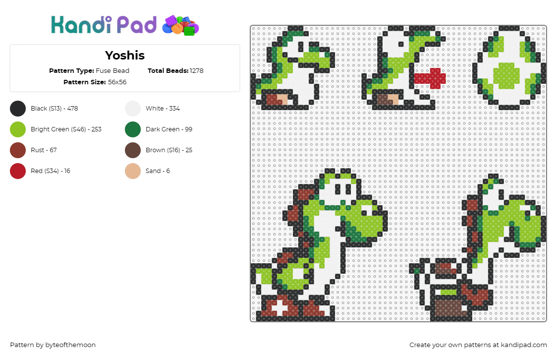 Yoshis - Fuse Bead Pattern by byteofthemoon on Kandi Pad - yoshi,mario,egg,dinosaur,nintendo,character,cute,green,white