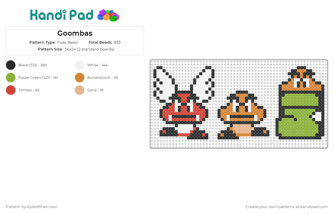Goombas - Fuse Bead Pattern by byteofthemoon on Kandi Pad - goomba,mario,nintendo,winged,boot,character,video game,brown,tan,green