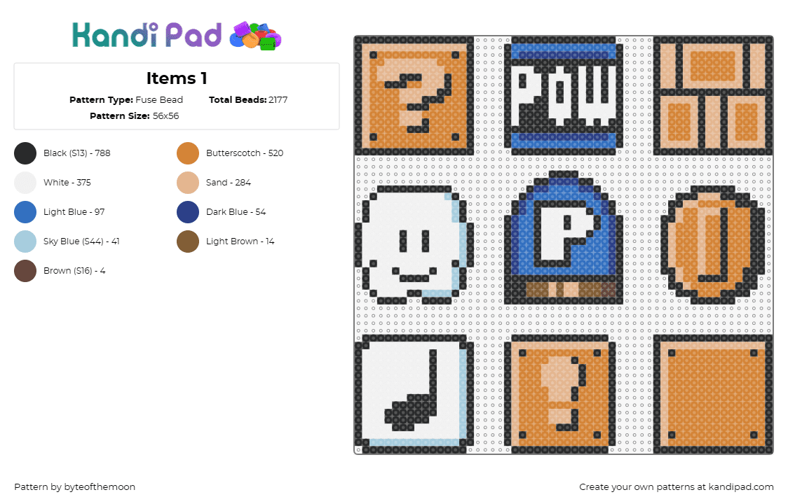 Items 1 - Fuse Bead Pattern by byteofthemoon on Kandi Pad - coin,block,mario,cloud,music note,nintendo,video game,white,orange,tan,blue