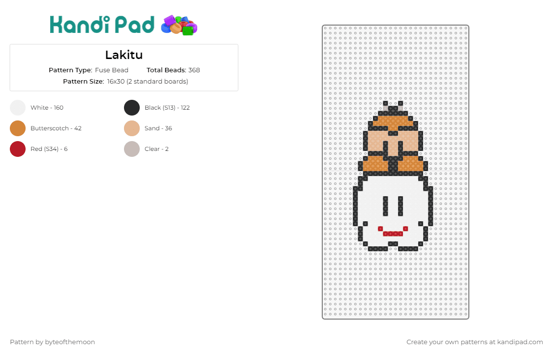 Lakitu - Fuse Bead Pattern by byteofthemoon on Kandi Pad - lakitu,cloud,mario,nintendo,face,video game,classic,orange,white