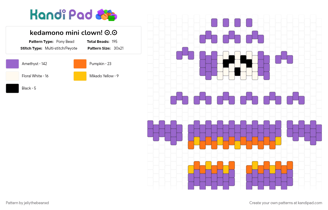 kedamono mini clown! ⊙⁠.⁠☉ - Pony Bead Pattern by jeliythebeanxd on Kandi Pad - character, clown, kedamono, mini clown, popee the performer, purple, tv show
