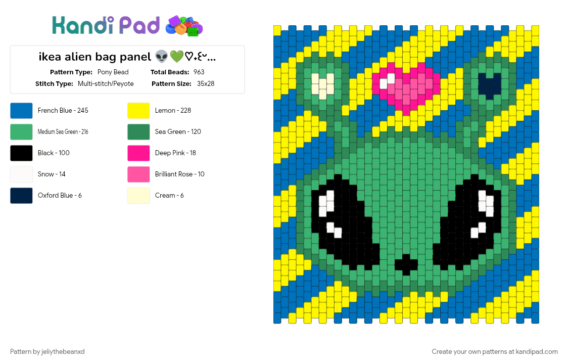 ikea alien bag panel 👽💚♡⁠˖⁠꒰⁠ᵕ⁠༚⁠ᵕ⁠⑅⁠꒱ - Pony Bead Pattern by jeliythebeanxd on Kandi Pad - alien, bag, blue, character, cute, green, ikea alien, panel, yellow