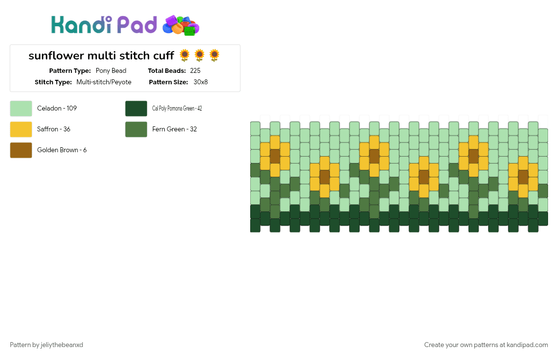 sunflower multi stitch cuff 🌻🌻🌻 - Pony Bead Pattern by jeliythebeanxd on Kandi Pad - flower, flowers, nature, sunflower, teal