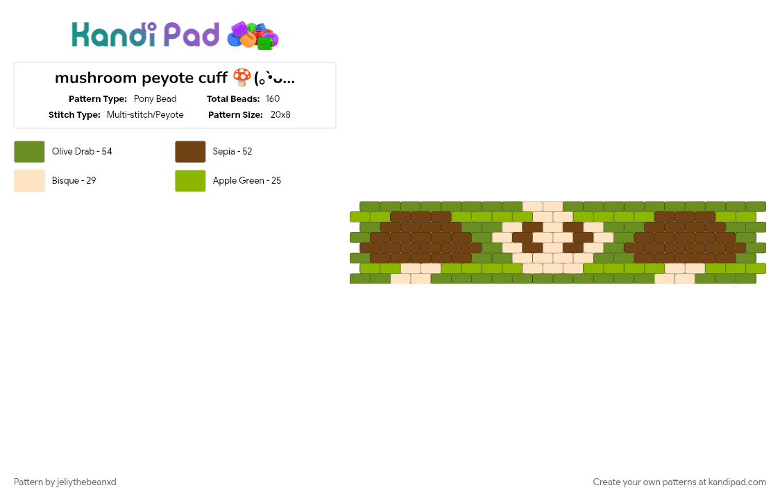mushroom peyote cuff 🍄(⁠｡⁠•̀⁠ᴗ⁠-⁠)⁠✧ - Pony Bead Pattern by jeliythebeanxd on Kandi Pad - brown, green, mushroom, nature, peyote stitch, plant