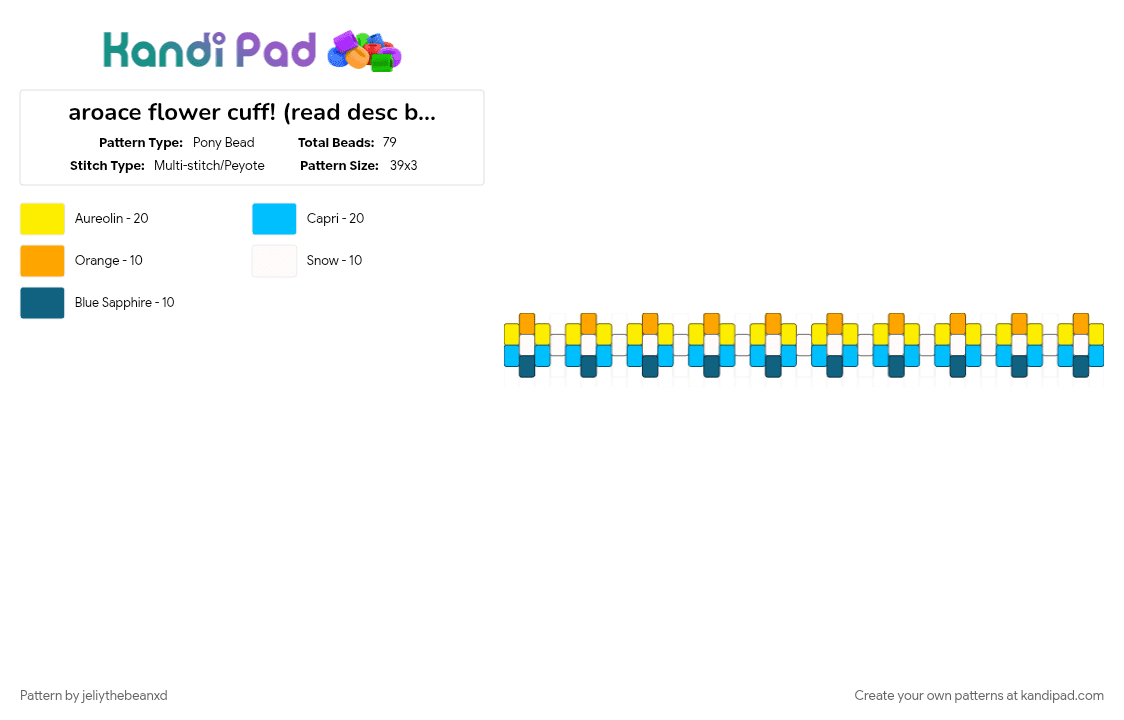 aroace flower cuff! (read desc before making plz!!) - Pony Bead Pattern by jeliythebeanxd on Kandi Pad - aroace, flower cuff, flowers, light blue, yellow
