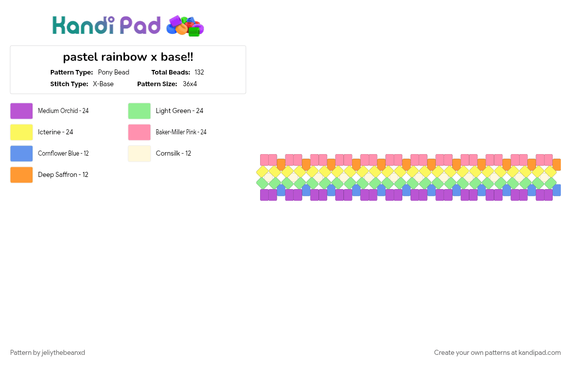 pastel rainbow x base!! - Pony Bead Pattern by jeliythebeanxd on Kandi Pad - pastel, pink, rainbow, teal, x base, xbase, yellow