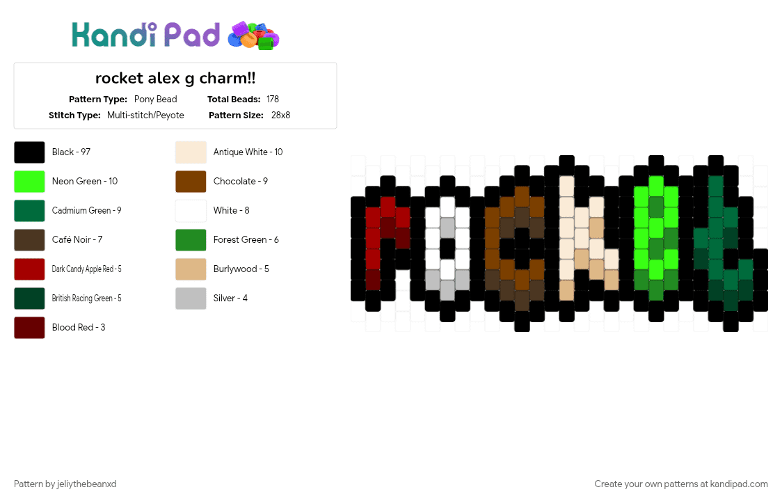 rocket alex g charm!! - Pony Bead Pattern by jeliythebeanxd on Kandi Pad - alex g, black, brown, charm, charms, green, music