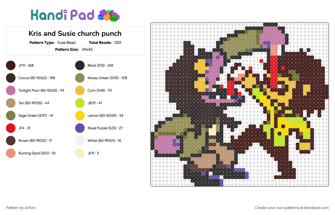Kris and Susie church punch - Fuse Bead Pattern by dofvin on Kandi Pad - brown, deltarune, gold, kris, susie, yellow