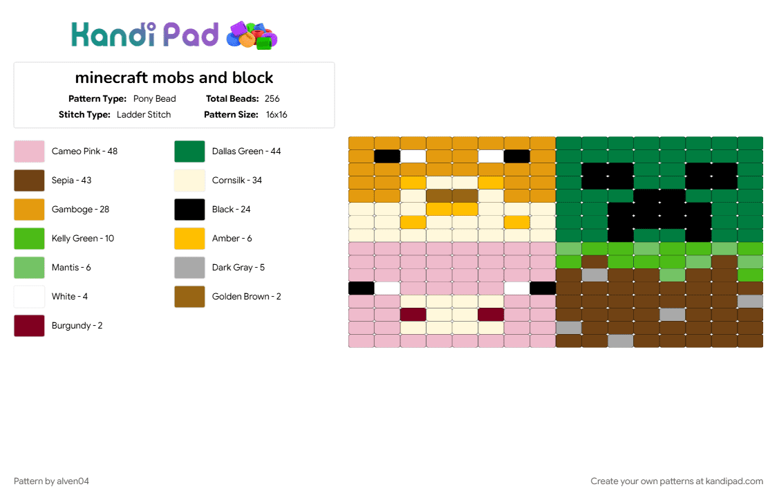 minecraft mobs and block - Pony Bead Pattern by alven04 on Kandi Pad - brown, green, orange, pink