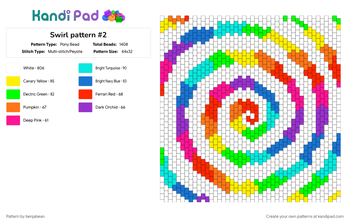 Swirl pattern #2 - Pony Bead Pattern by benjabean on Kandi Pad - blue, colorful, red, white, yellow