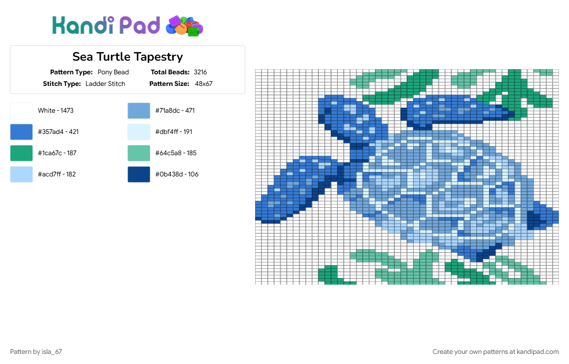 Sea Turtle Tapestry - Pony Bead Pattern by isla_67 on Kandi Pad - blue, light blue, white