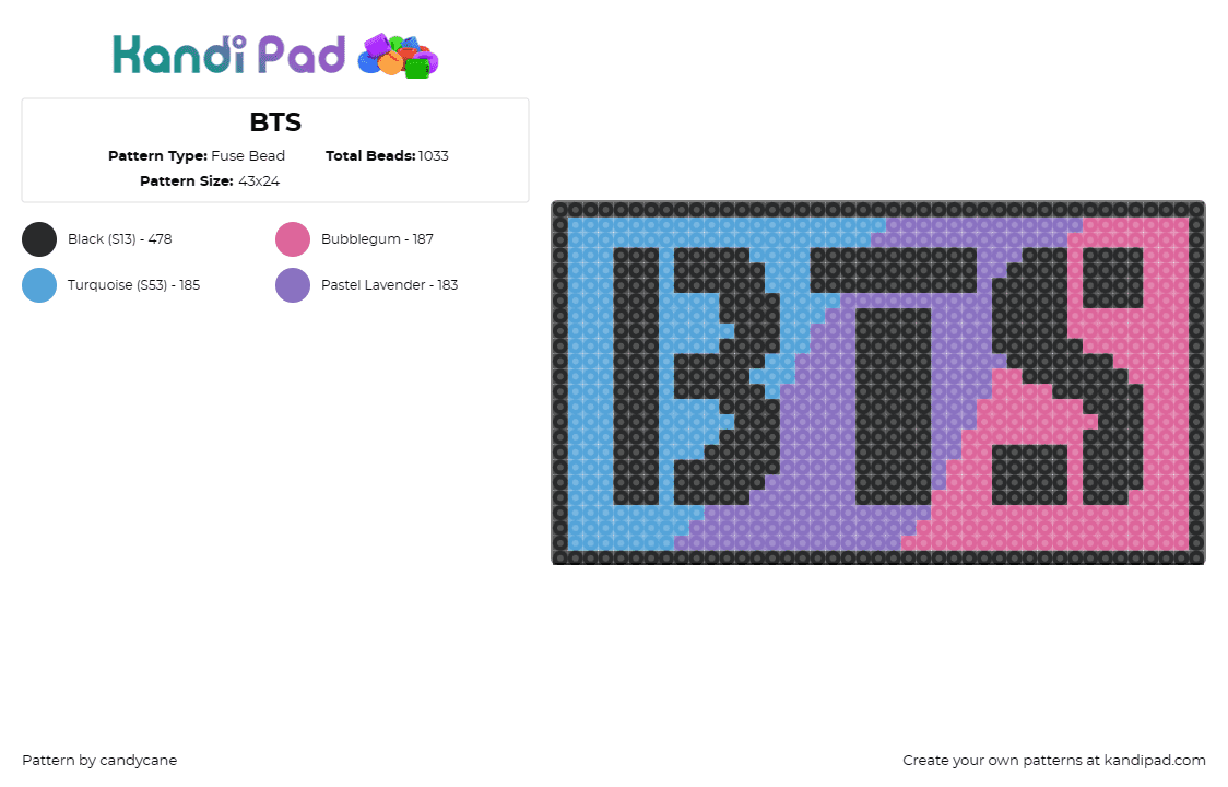 BTS - Fuse Bead Pattern by candycane on Kandi Pad - bts,logo,kpop,band,music,colorful,black,blue,purple,pink