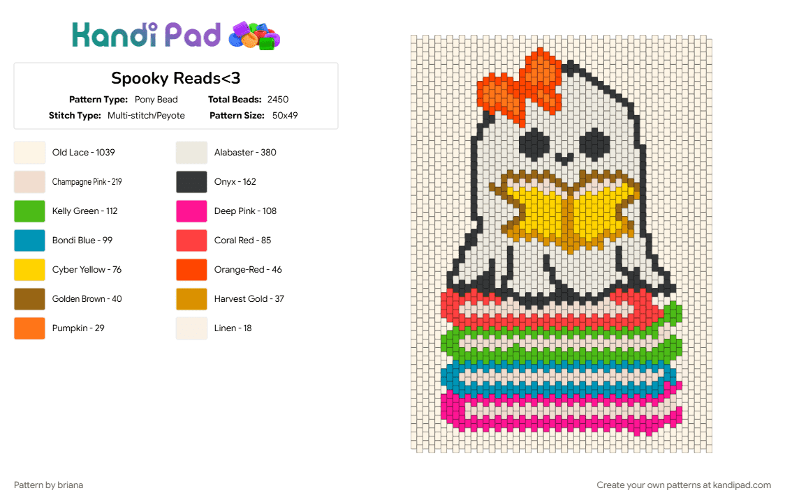 Spooky Reads - Pony Bead Pattern by briana on Kandi Pad - books, colorful, cute, green, halloween, pink, spooky, white