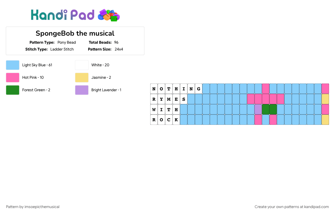 SpongeBob the musical - Pony Bead Pattern by imsoepicthemusical on Kandi Pad - character, im gay, light blue, musical, patrick, patrick star, spongebob, spongebob squarepants, spongebob the musical