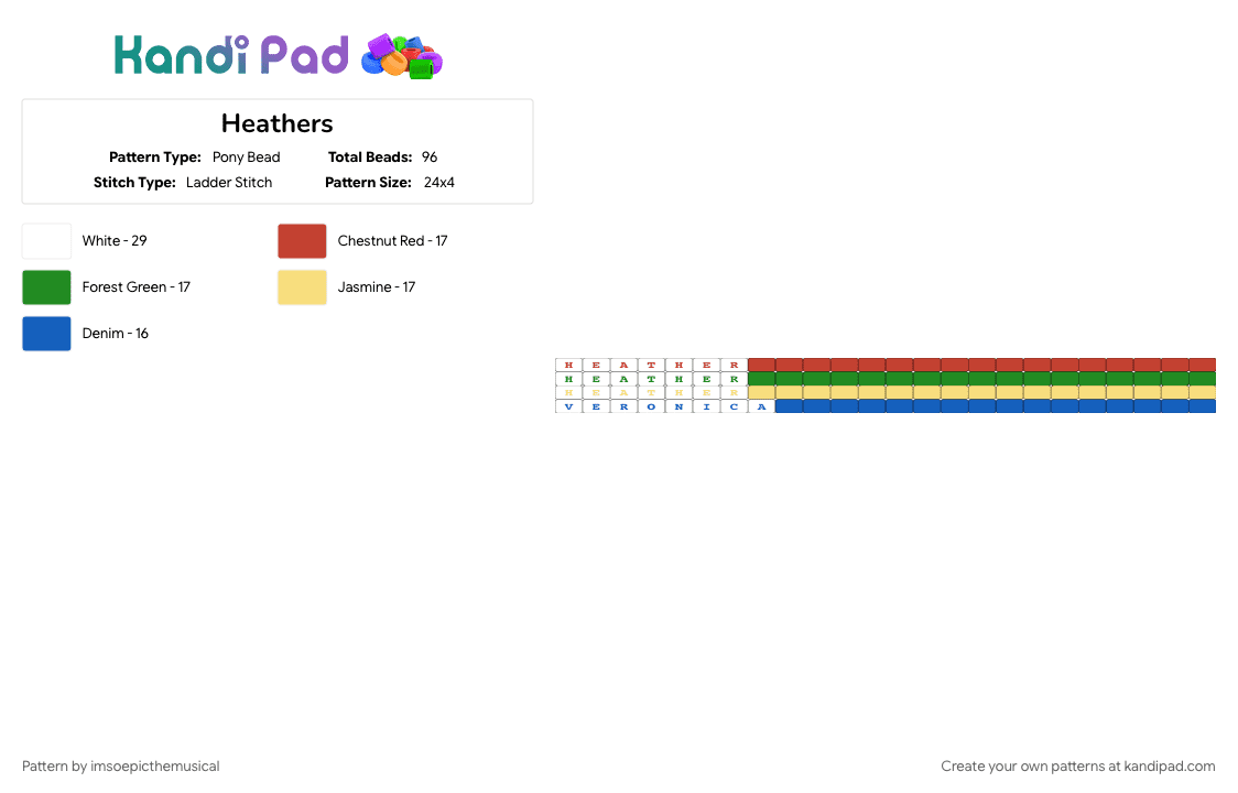 Heathers - Pony Bead Pattern by imsoepicthemusical on Kandi Pad - blue, green, heather, heather chandler, heather duke, heather mcnamara, heathers, musical, red, veronica, veronica sawyer, yellow