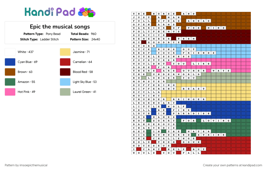 Epic the musical songs - Pony Bead Pattern by imsoepicthemusical on Kandi Pad - colorful, epic, epic the musical, epicthemusical, musical, odysseus, odyssey, penelope, red, telemachus, white, yellow