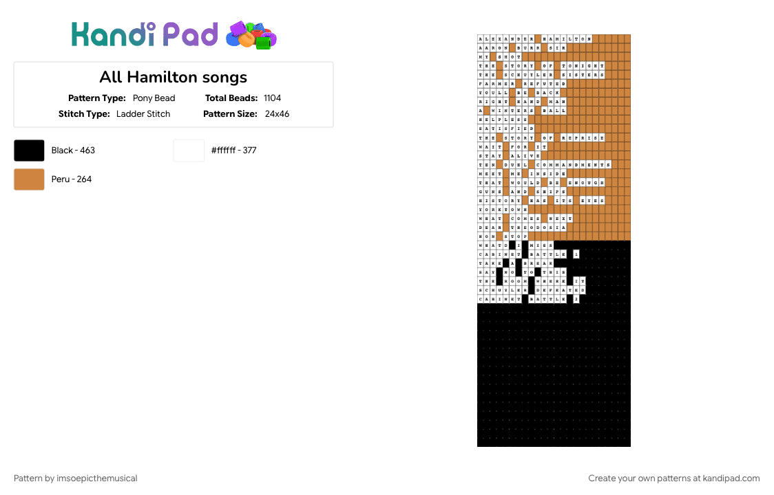 All Hamilton songs - Pony Bead Pattern by imsoepicthemusical on Kandi Pad - gold, hamilton, hamilton musical, theater kid