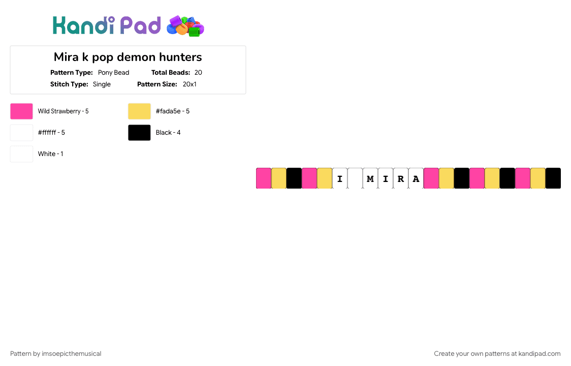 Mira k pop demon hunters - Pony Bead Pattern by imsoepicthemusical on Kandi Pad - k pop demon hunters, kdh, kpdh, kpdh mira, love, mira, pink, yellow