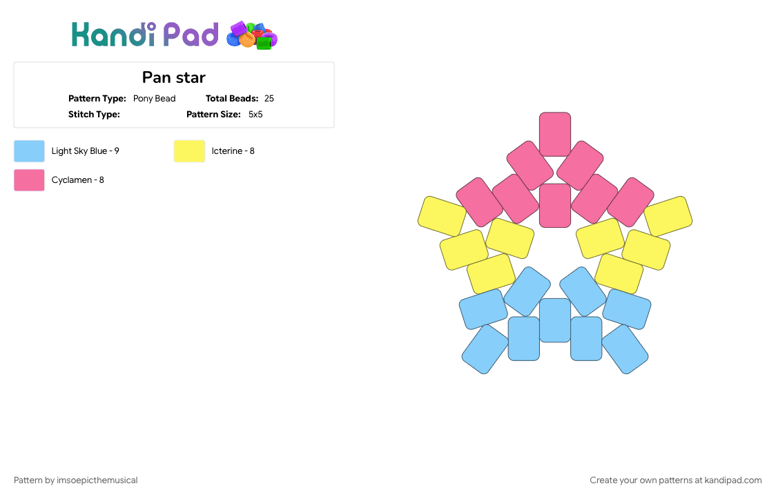 Pan star - Pony Bead Pattern by imsoepicthemusical on Kandi Pad - blue, light blue, my plushie is gay, pan, pansexual, pink, pride, yelllow, yellow
