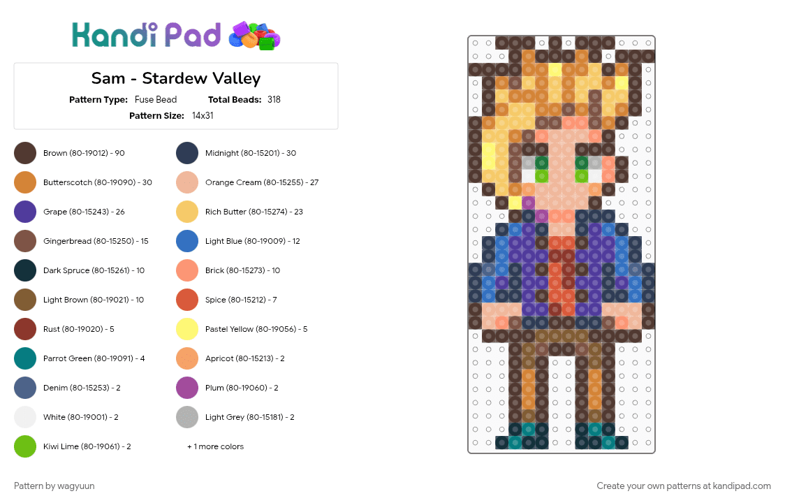 Sam - Stardew Valley - Fuse Bead Pattern by wagyuun on Kandi Pad - brown, character, colorful, gaming, orange, purple, sam stardew valley, stardew valley, stardew valley bachelors, stardewvalley, video game