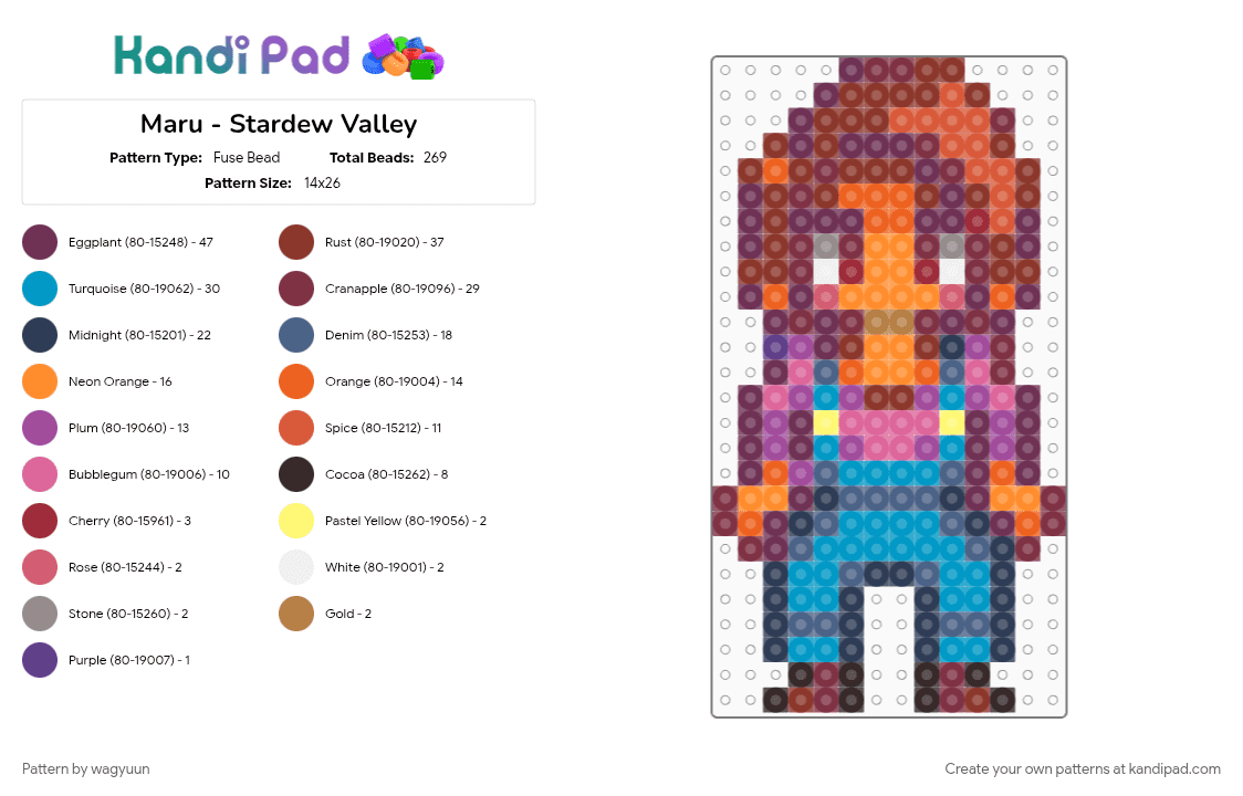 Maru - Stardew Valley - Fuse Bead Pattern by wagyuun on Kandi Pad - character, colorful, maru stardew, pink, purple, red, stardew, stardew valley, stardew valley bachelors, stardewvalley, video game