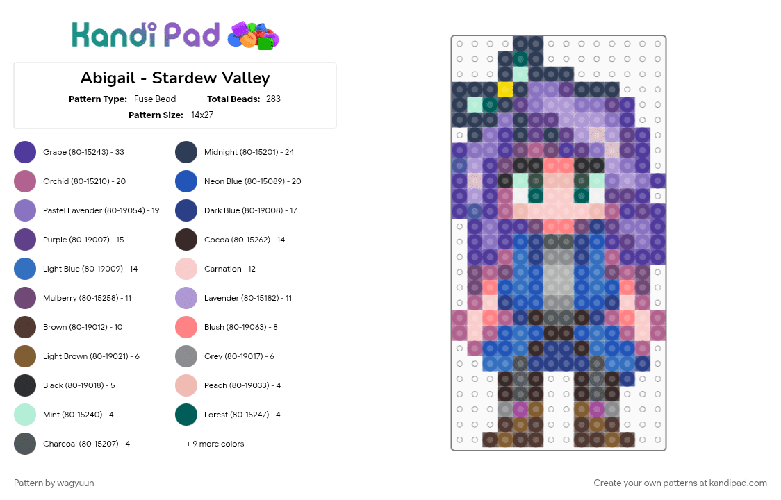 Abigail - Stardew Valley - Fuse Bead Pattern by wagyuun on Kandi Pad - abigail stardew valley, blue, brown, character, pink, purple, stardew, stardew valley, stardew valley bachelors, stardewvalley, video game