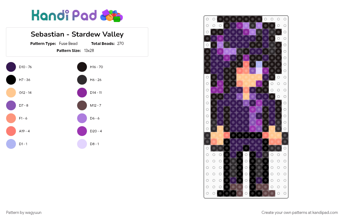 Sebastian - Stardew Valley - Fuse Bead Pattern by wagyuun on Kandi Pad - black, character, pink, purple, sebastian stardew valley, stardew valley, stardew valley bachelors, stardewvalley, video game