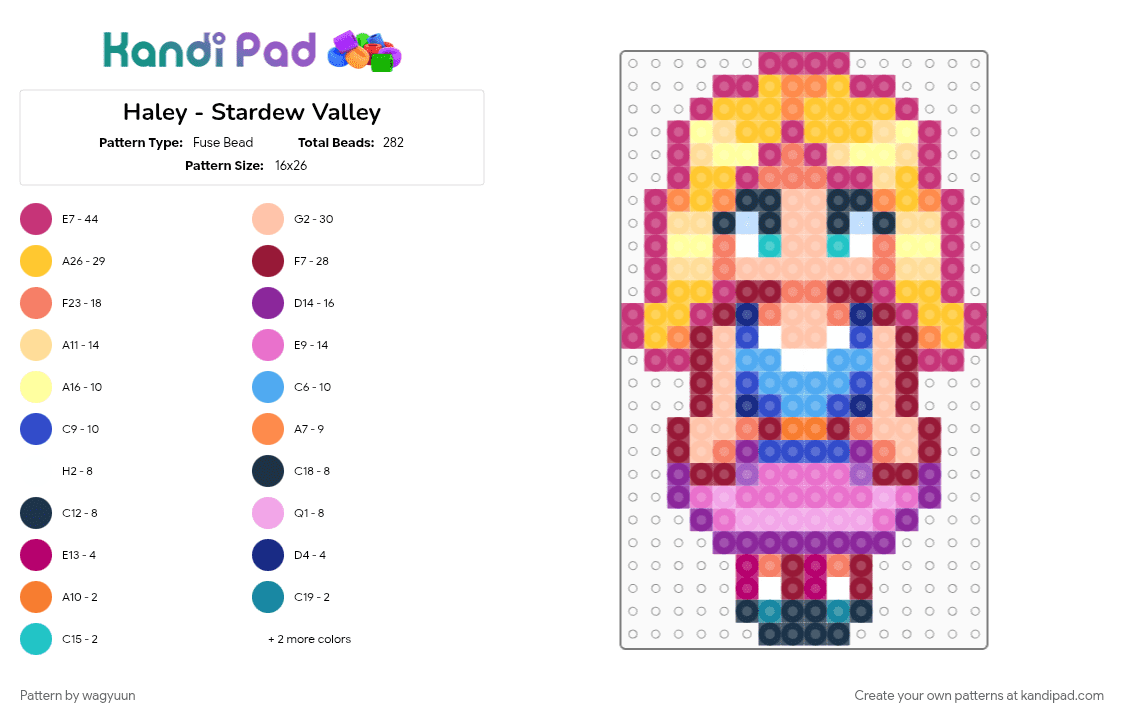 Haley - Stardew Valley - Fuse Bead Pattern by wagyuun on Kandi Pad - beige, character, colorful, gaming, haley stardew valley, pink, stardew, stardew valley, stardew valley bachelors, stardewvalley, video game, yellow