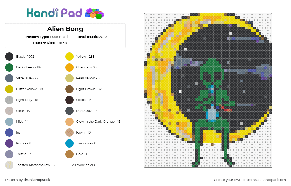 Alien Bong - Fuse Bead Pattern by drunkchopstick on Kandi Pad - alien,moon,bong,weed,smoking,night,marijuana,nsfw,green,yellow,black