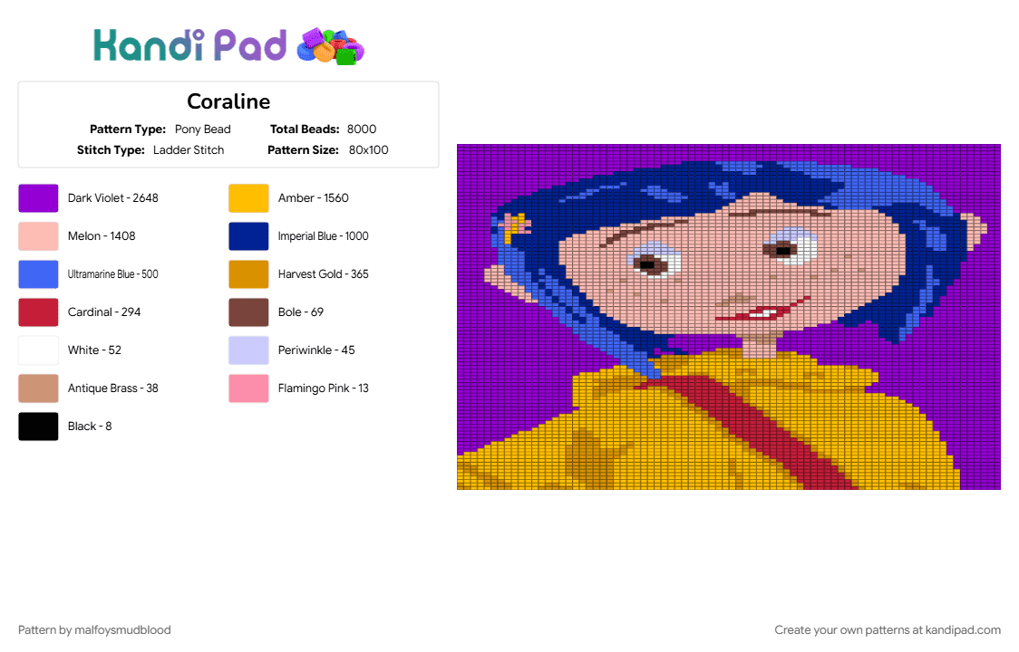 Coraline - Pony Bead Pattern by malfoysmudblood on Kandi Pad - beige, purple, yellow