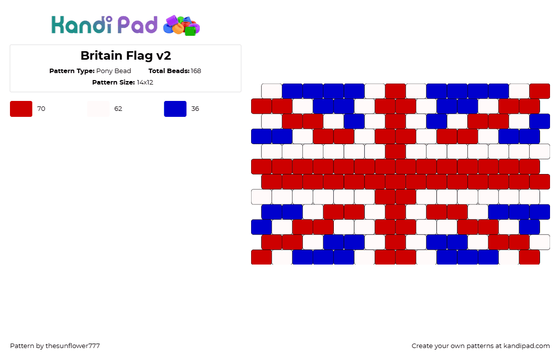 Britain Flag v2 - Pony Bead Pattern by thesunflower777 on Kandi Pad - union jack,britain,flag,country,united kingdom,red,blue,white