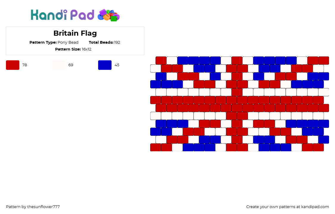 Britain Flag - Pony Bead Pattern by thesunflower777 on Kandi Pad - union jack,britain,flag,country,united kingdom,red,blue,white