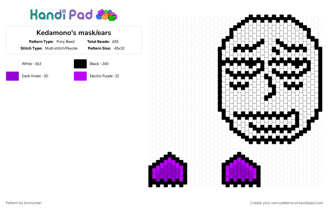 Kedamono\'s mask/ears - Pony Bead Pattern by bronyman on Kandi Pad - ears, kedamono, mask, popee the performer, white