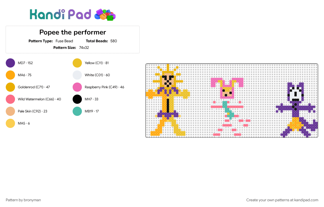 Popee the performer - Fuse Bead Pattern by bronyman on Kandi Pad - character, fusebead, orange, popee the performer, purple, stick figure, tv show, yellow