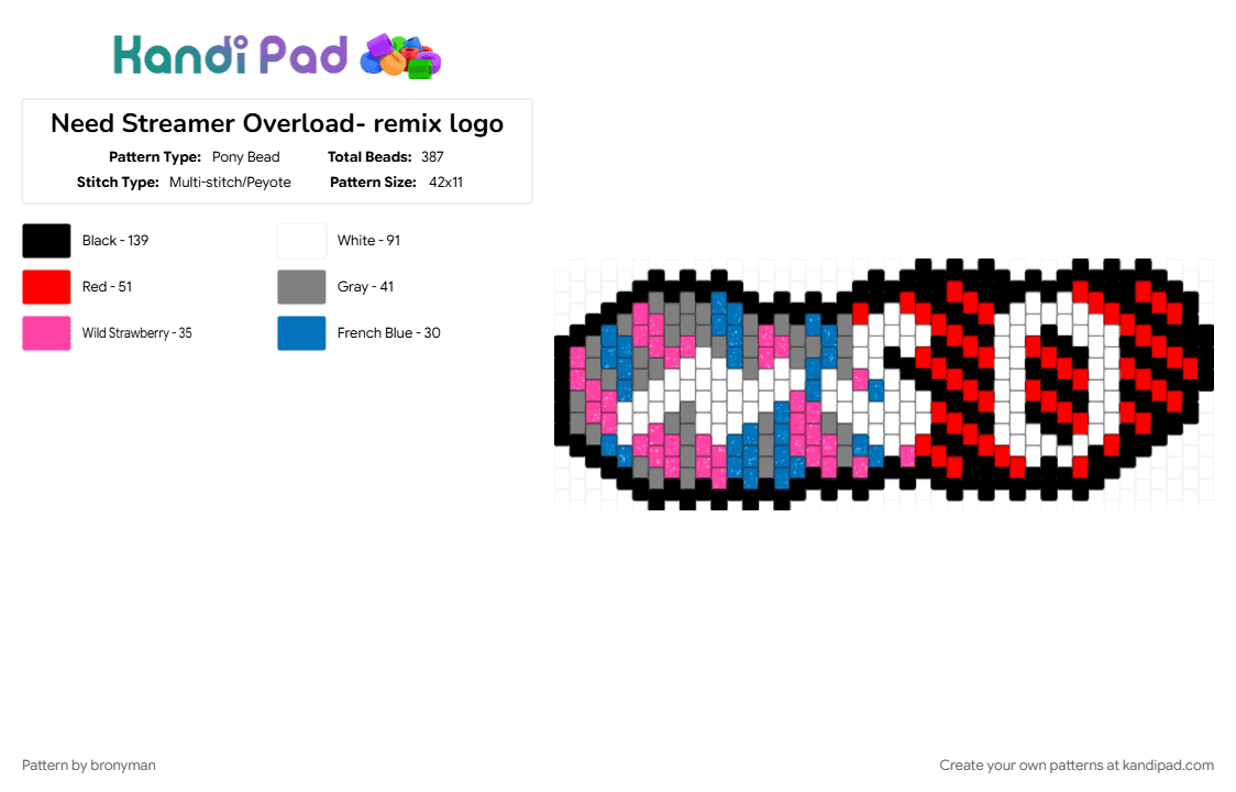 Need Streamer Overload- remix logo - Pony Bead Pattern by bronyman on Kandi Pad - gray, logo, needy streamer overload, red, remix