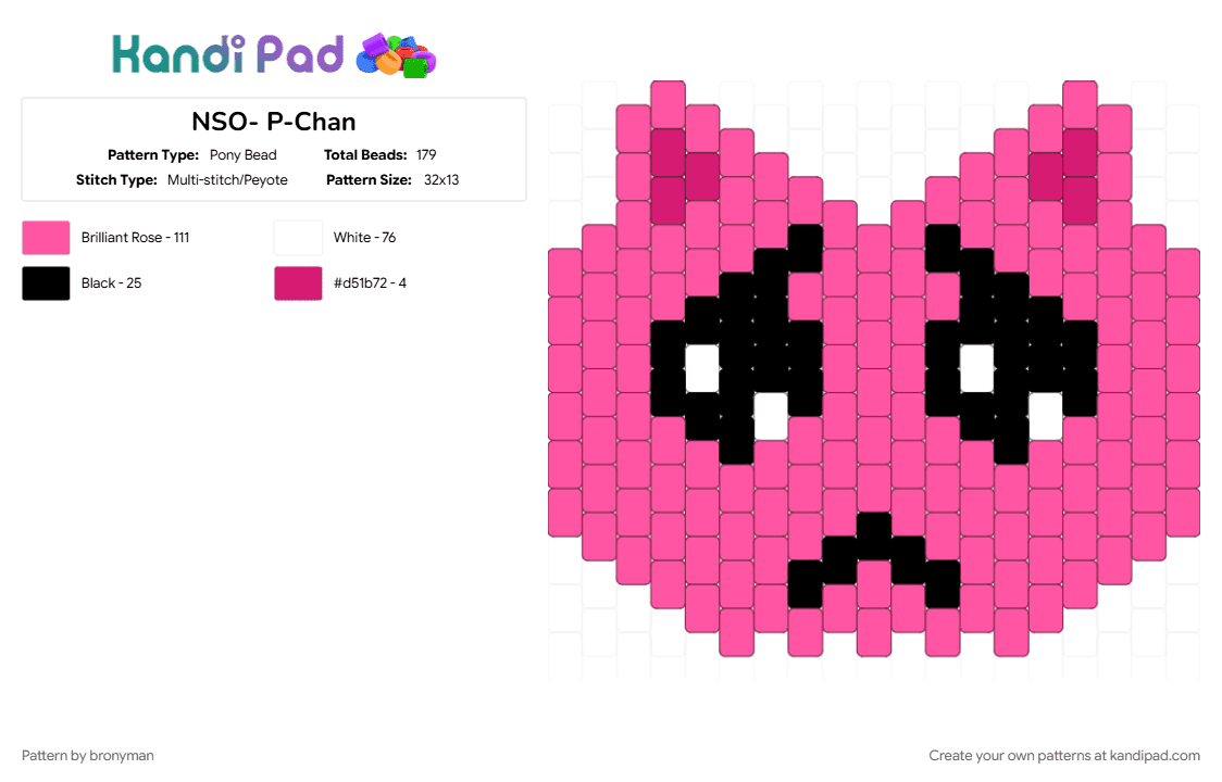 NSO- P-Chan - Pony Bead Pattern by bronyman on Kandi Pad - cat, character, needy streamer overload, pchan, pink