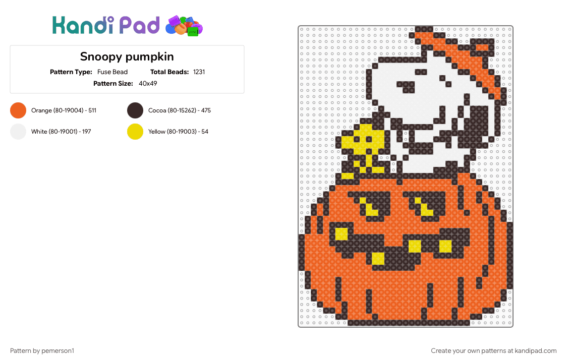 Snoopy pumpkin - Fuse Bead Pattern by pemerson1 on Kandi Pad - brown, orange