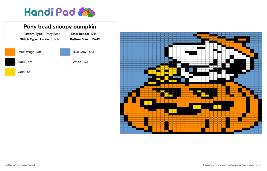 Pony bead snoopy pumpkin - Pony Bead Pattern by pemerson1 on Kandi Pad - light blue, orange