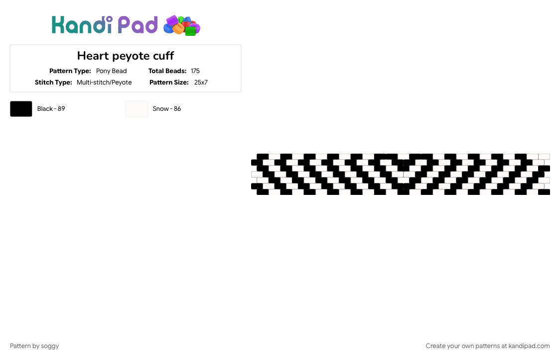Heart peyote cuff - Pony Bead Pattern by soggy on Kandi Pad - black, cotdchevrons, white