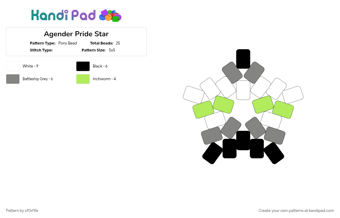 Agender Pride Star - Pony Bead Pattern by xf0rl1fe on Kandi Pad - gray, green