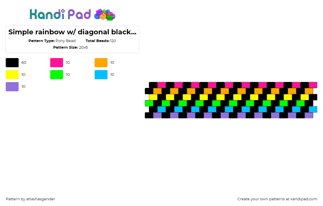 Simple rainbow w/ diagonal black stripes - Pony Bead Pattern by atlashasgender on Kandi Pad - neon,diagonal,stripes,colorful,bright,dark