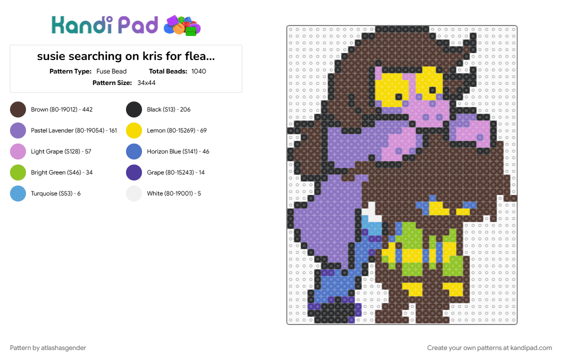 susie searching on kris for fleas (light world) - Fuse Bead Pattern by atlashasgender on Kandi Pad - blue, brown, deltarune, kris deltarune, susie deltarune