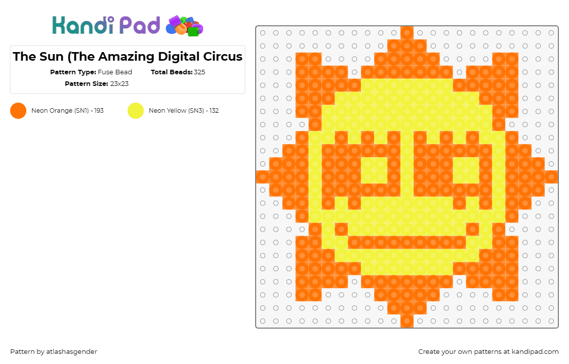 The Sun (The Amazing Digital Circus - Fuse Bead Pattern by atlashasgender on Kandi Pad - sun,amazing digital circus,animation,face,tv show,character,yellow,orange