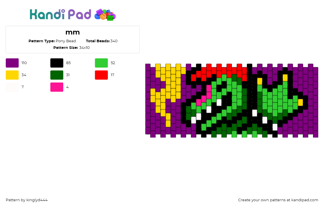 mm - Pony Bead Pattern by kinglyd444 on Kandi Pad - alligator,crocodile,punk,rock,music,cuff,green,purple,yellow