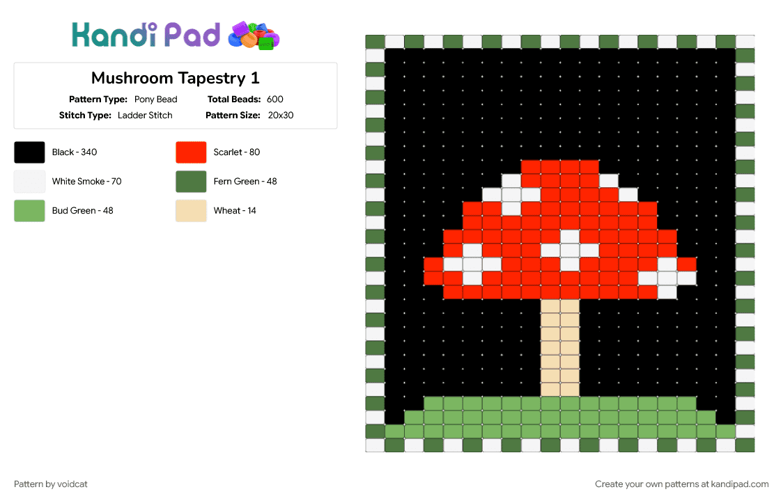 Mushroom Tapestry 1 - Pony Bead Pattern by voidcat on Kandi Pad - black, green, mushroom, red