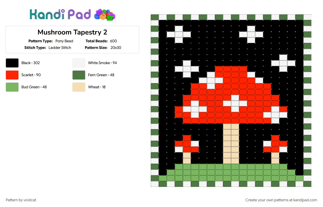 Mushroom Tapestry 2 - Pony Bead Pattern by voidcat on Kandi Pad - black, green, mushroom, red