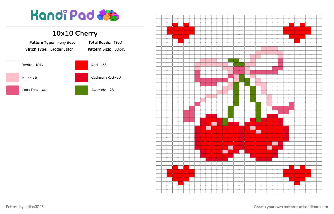 10x10 Cherry - Pony Bead Pattern by indica3026 on Kandi Pad - red, white